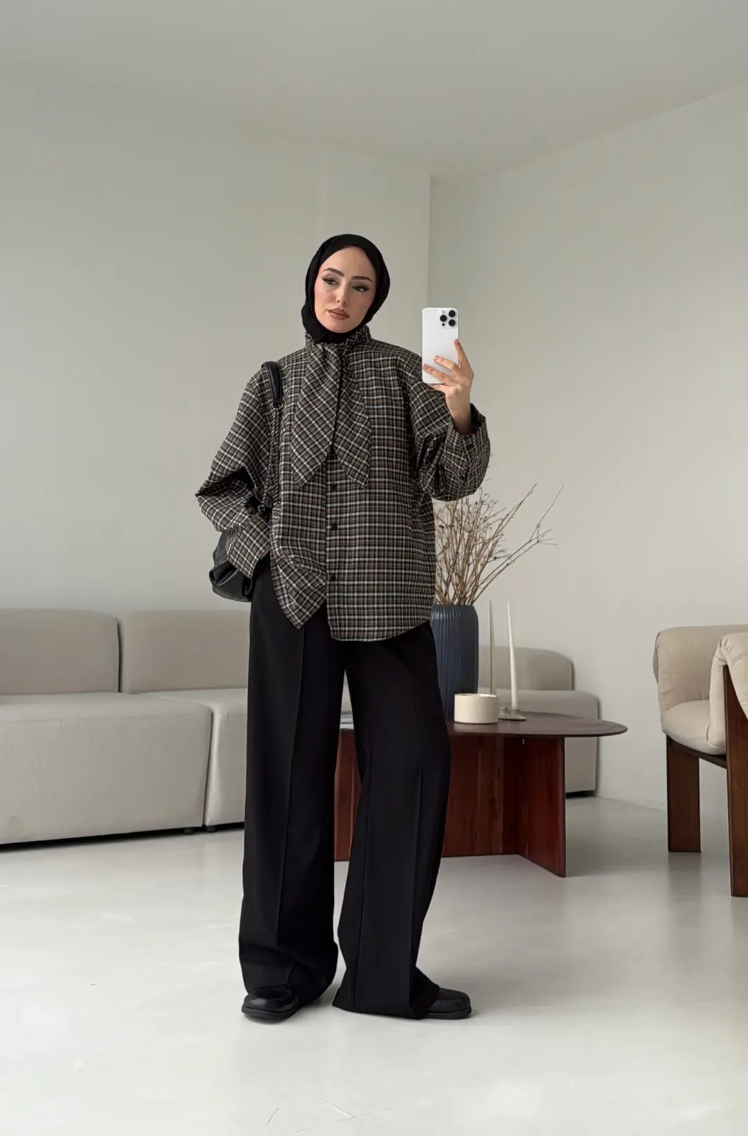 Fular Detay Ekose Gömlek Siyah/Vizon - Görsel 9