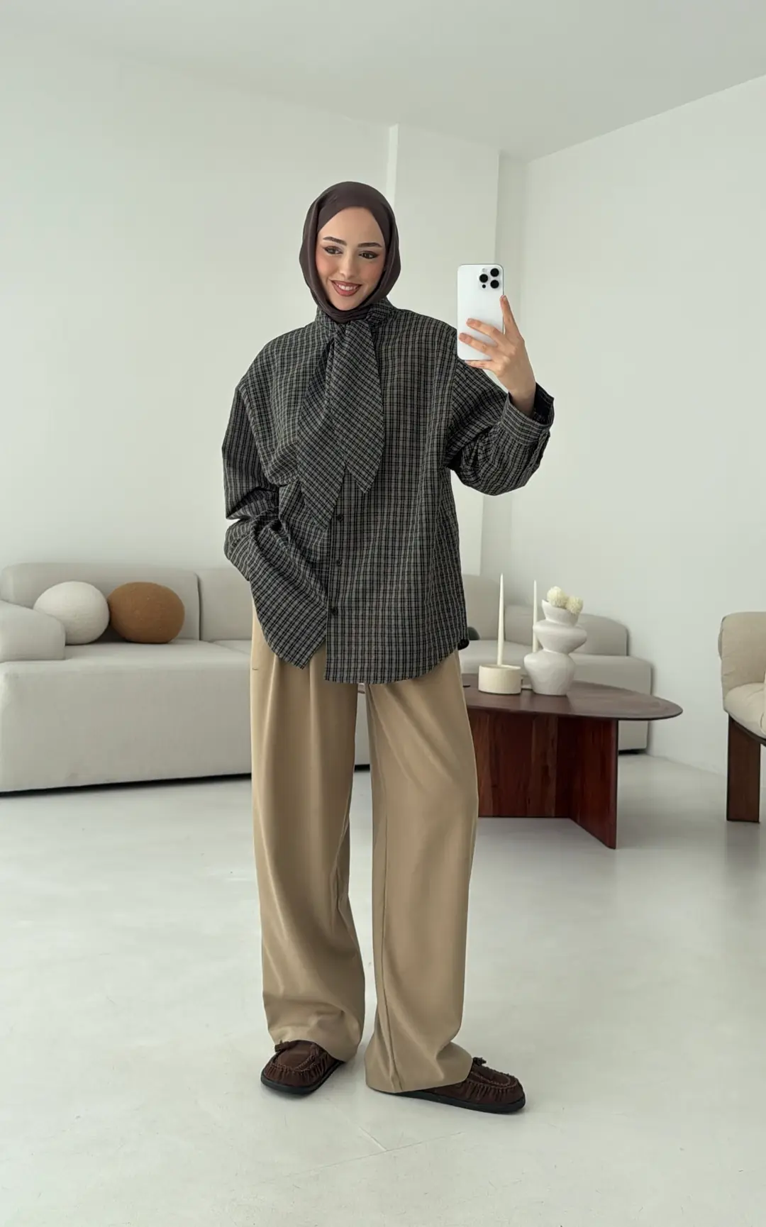 Fular Detay Ekose Gömlek Yeşil - Görsel 4