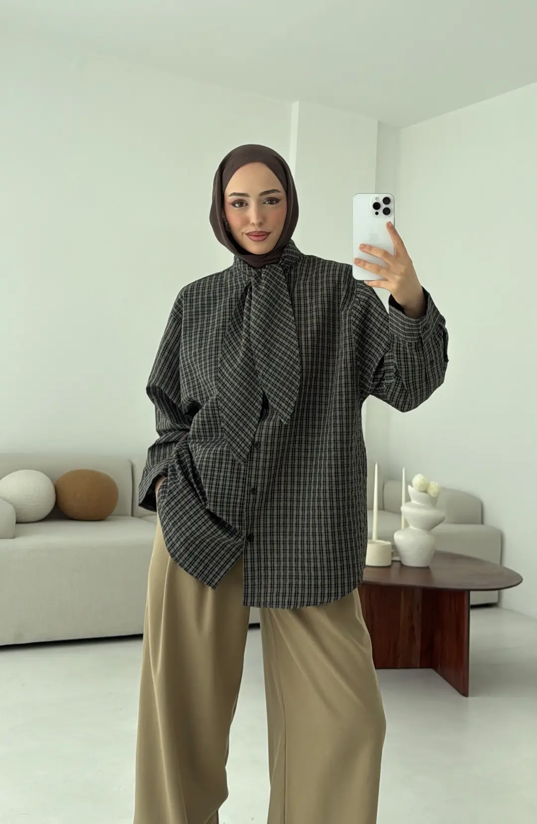 Fular Detay Ekose Gömlek Yeşil - Görsel 6