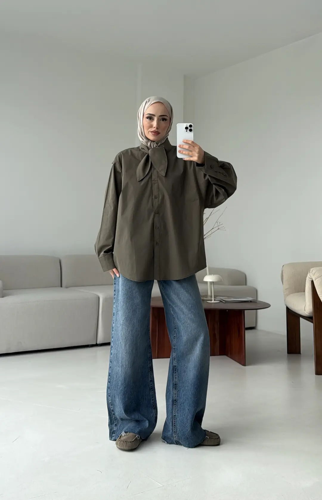 Fular Detay Gömlek Haki