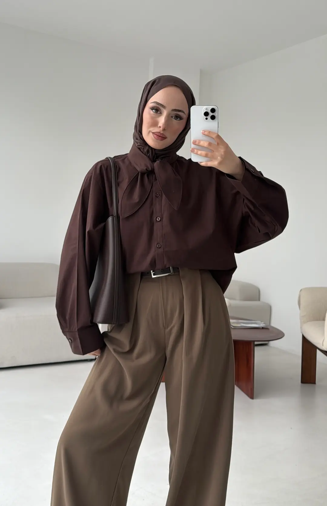 Fular Detay Gömlek Kahve - Görsel 2