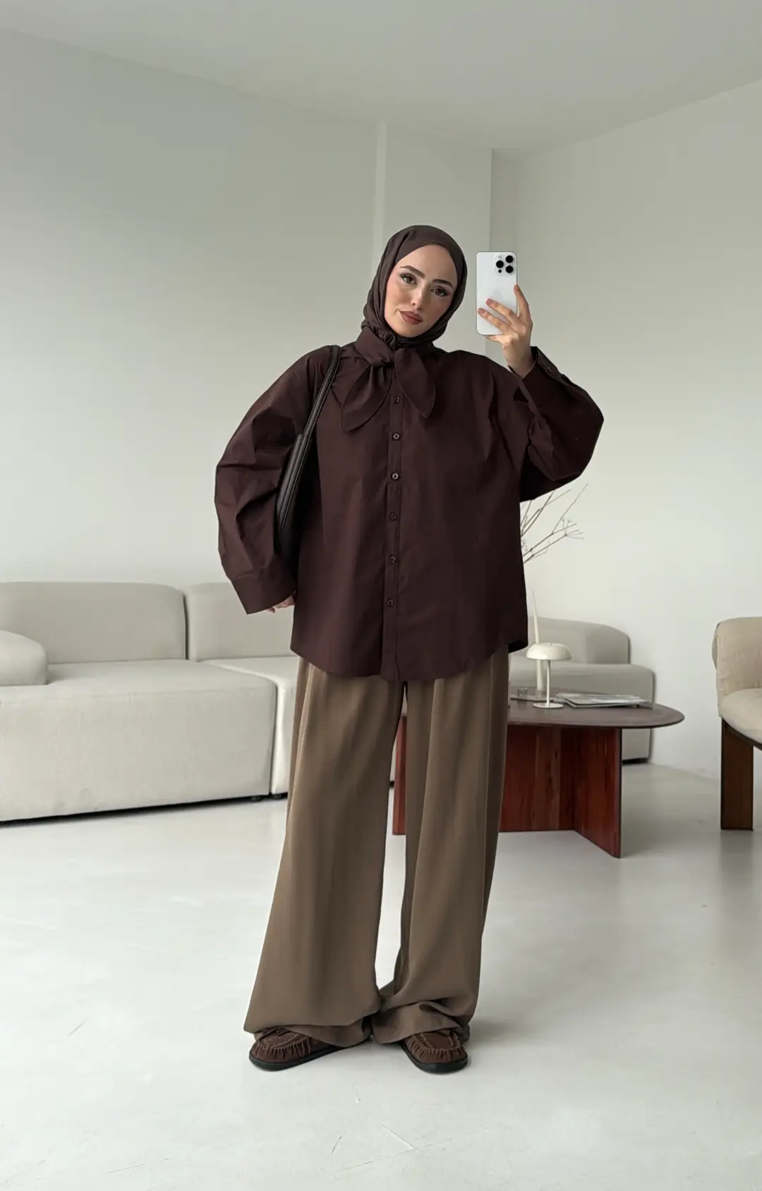 Fular Detay Gömlek Kahve - Görsel 4