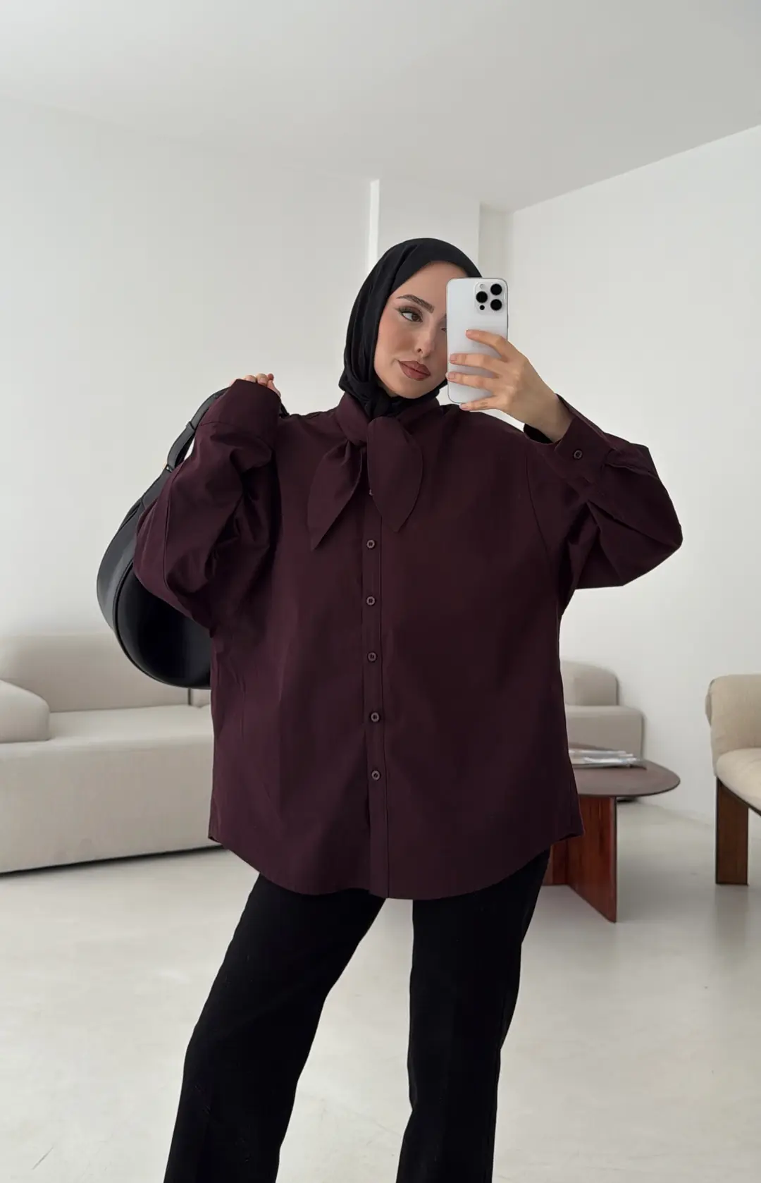 Fular Detay Gömlek Mürdüm