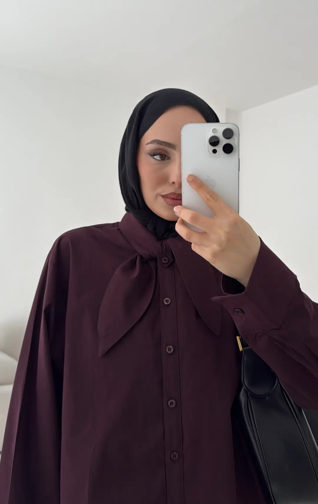 Fular Detay Gömlek Mürdüm - Görsel 4