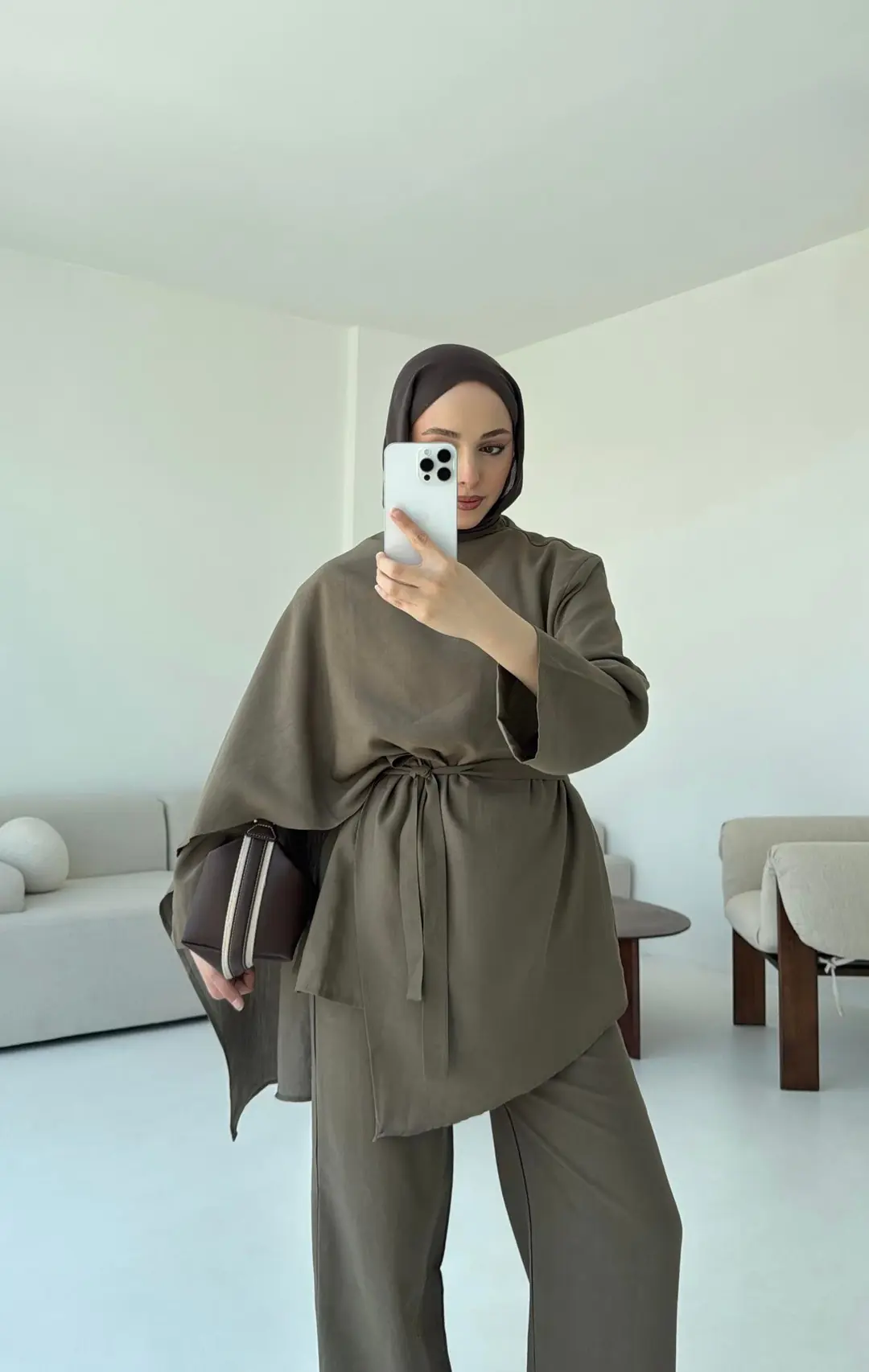 Fular Detay Tunik Takım Kahve