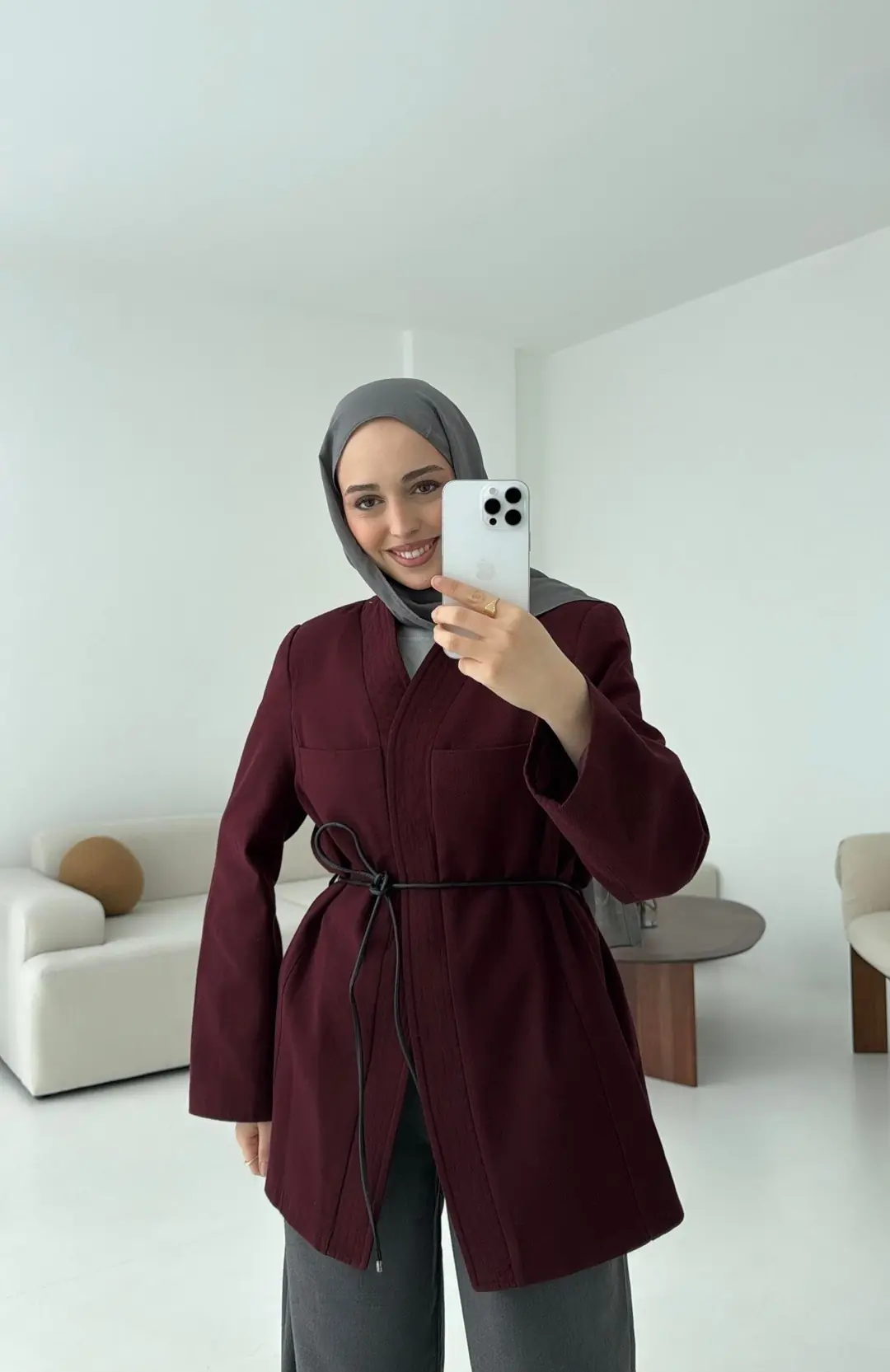 Gabardin Kemerli Ceket Bordo - Görsel 3