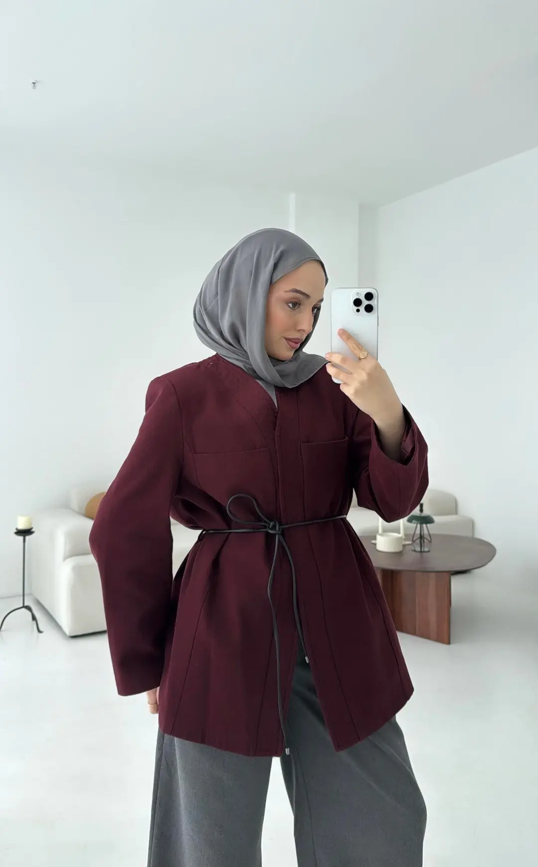 Gabardin Kemerli Ceket Bordo - Görsel 5