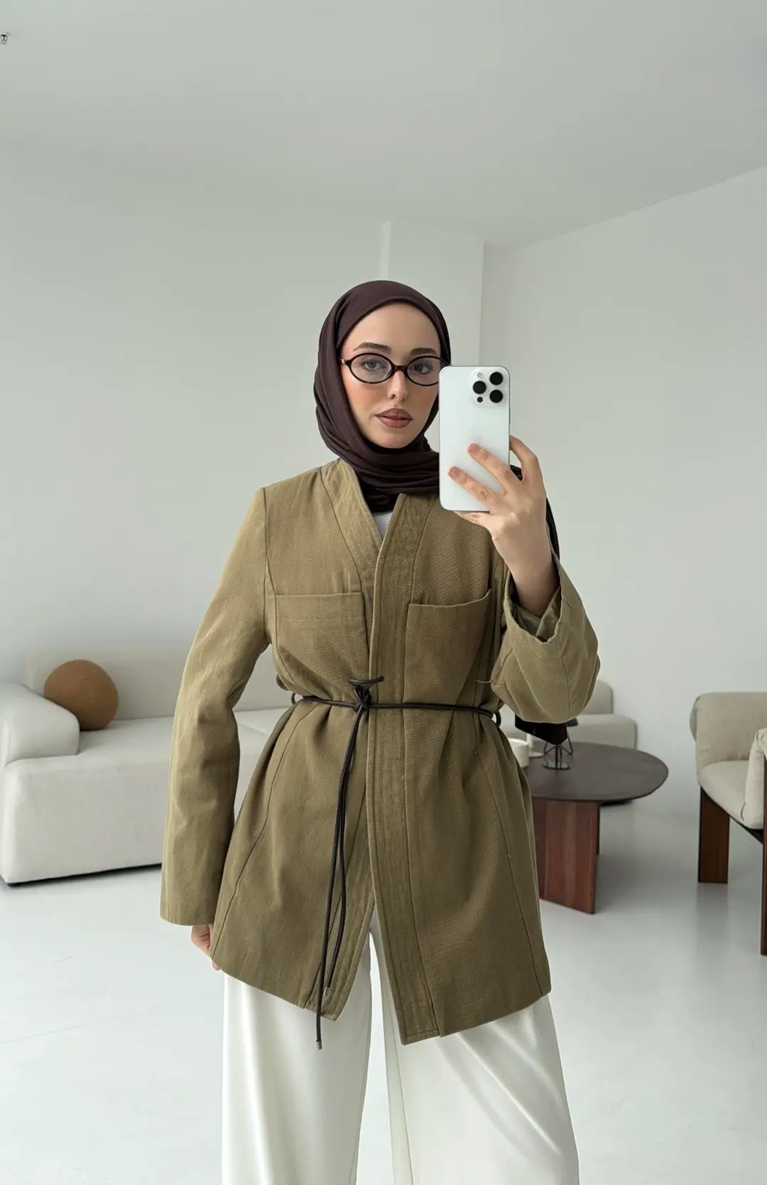 Gabardin Kemerli Ceket Haki - Görsel 5