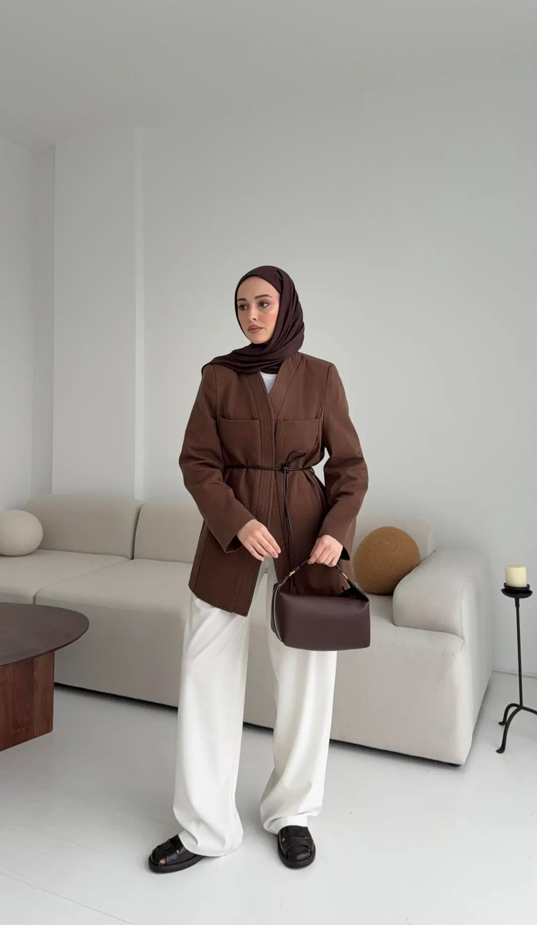 Gabardin Kemerli Ceket Kahve