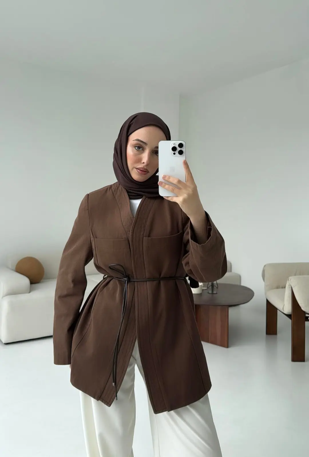 Gabardin Kemerli Ceket Kahve - Görsel 3