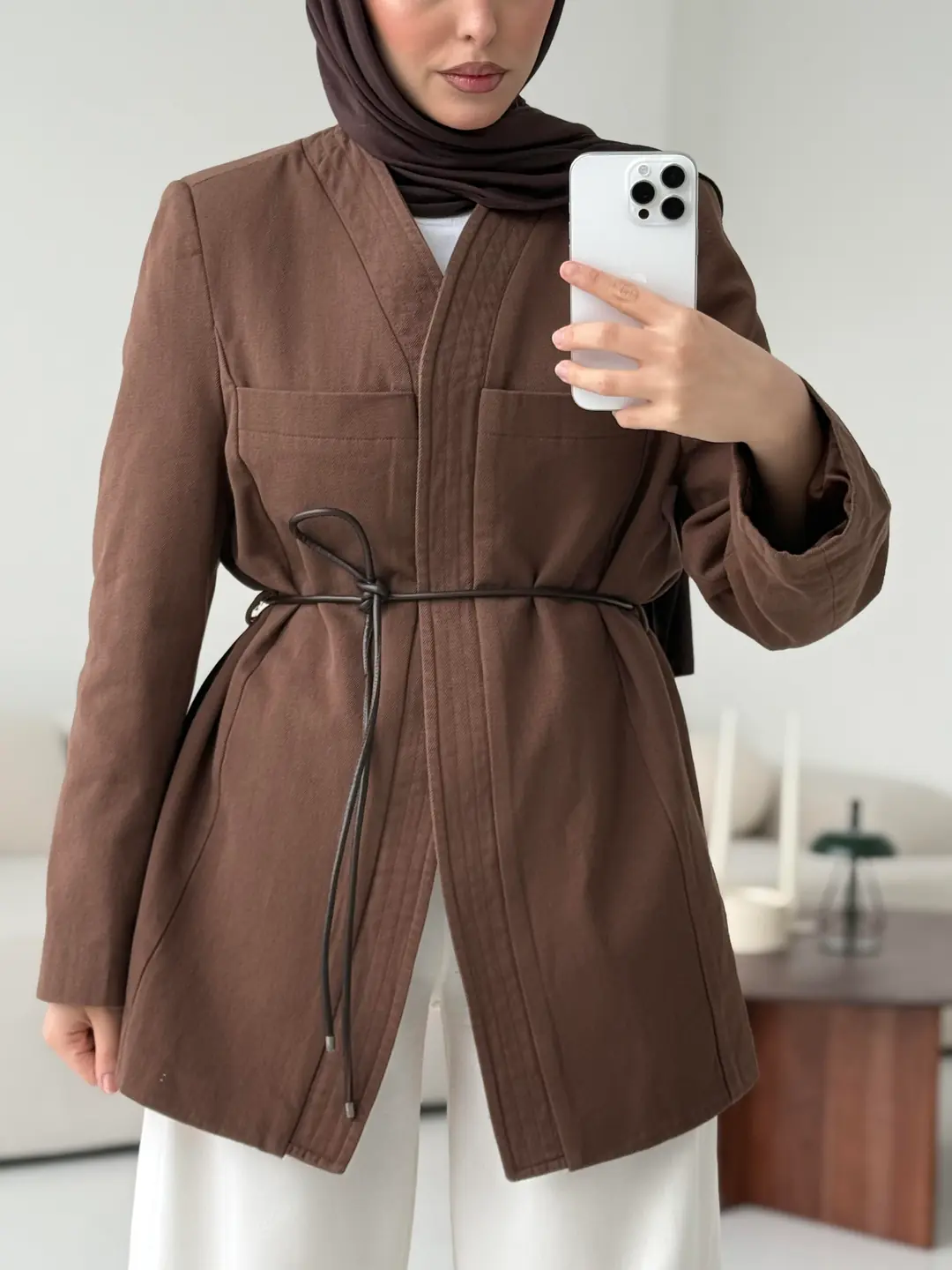 Gabardin Kemerli Ceket Kahve - Görsel 9