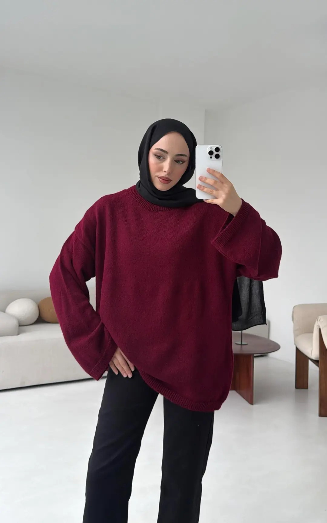 Geniş Kol Basıc Kazak Bordo - Görsel 3