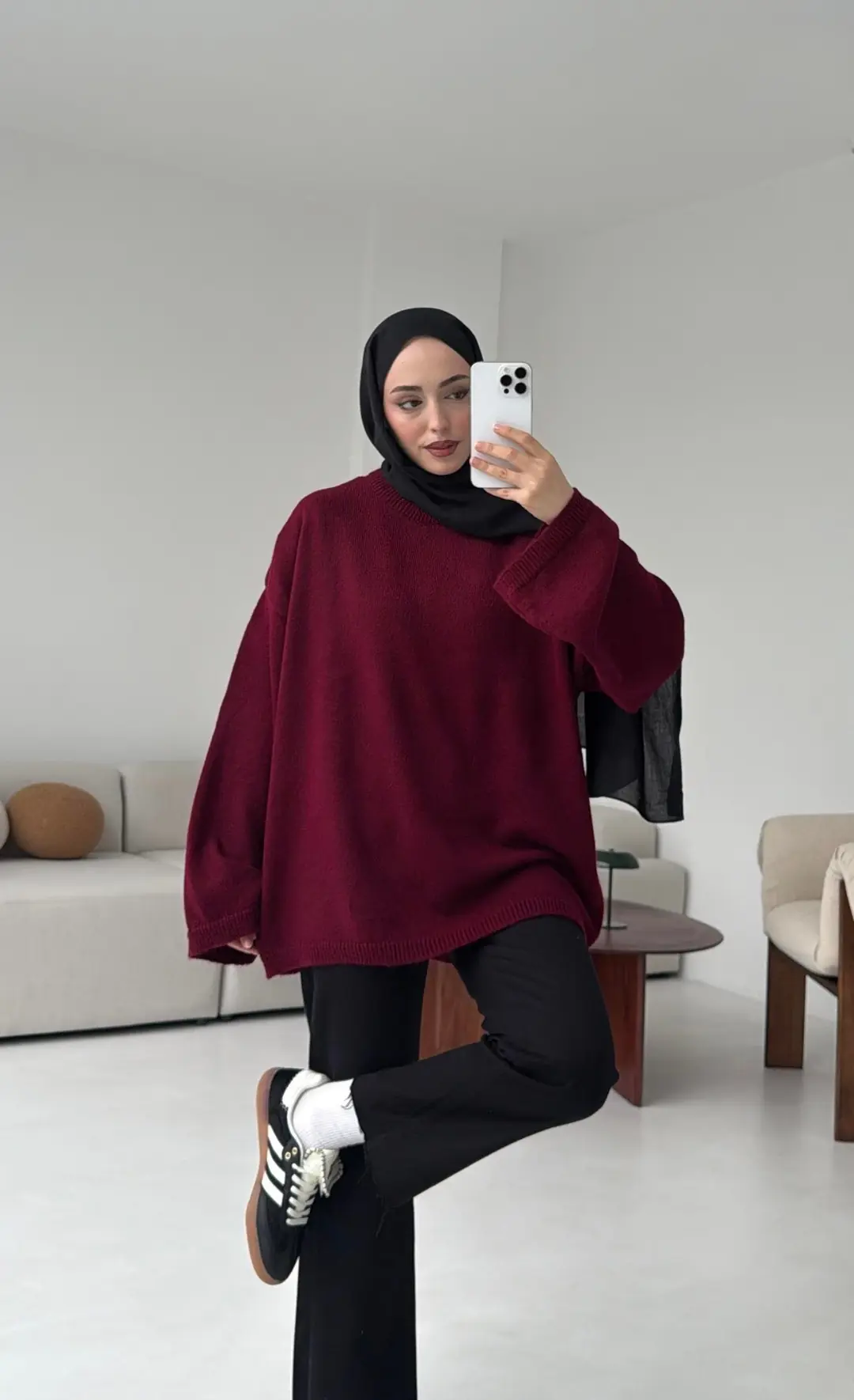 Geniş Kol Basıc Kazak Bordo - Görsel 4