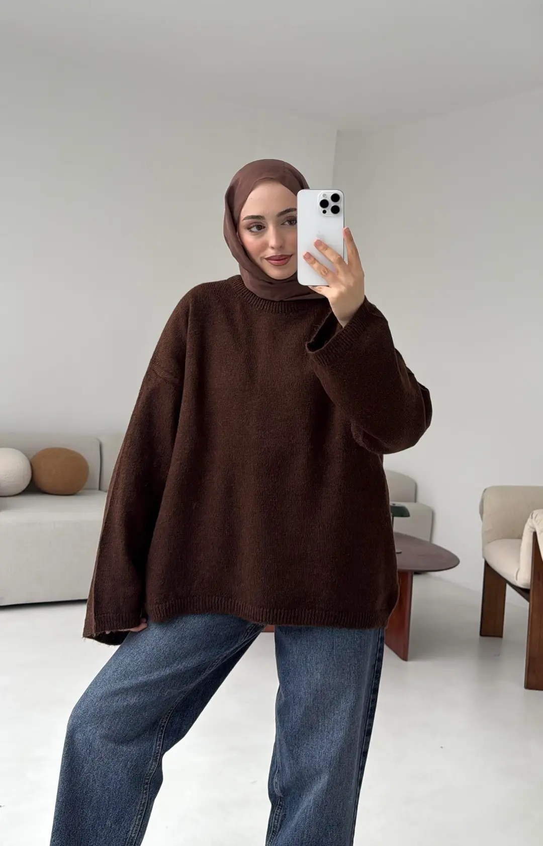 Geniş Kol Basıc Kazak Kahve - Görsel 10