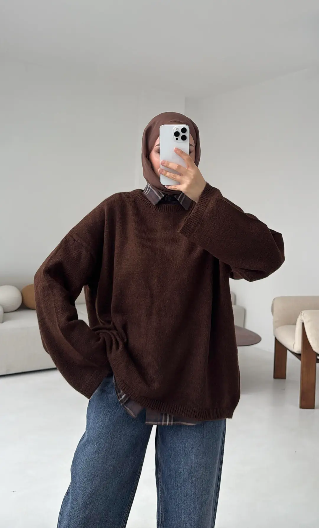 Geniş Kol Basıc Kazak Kahve - Görsel 4