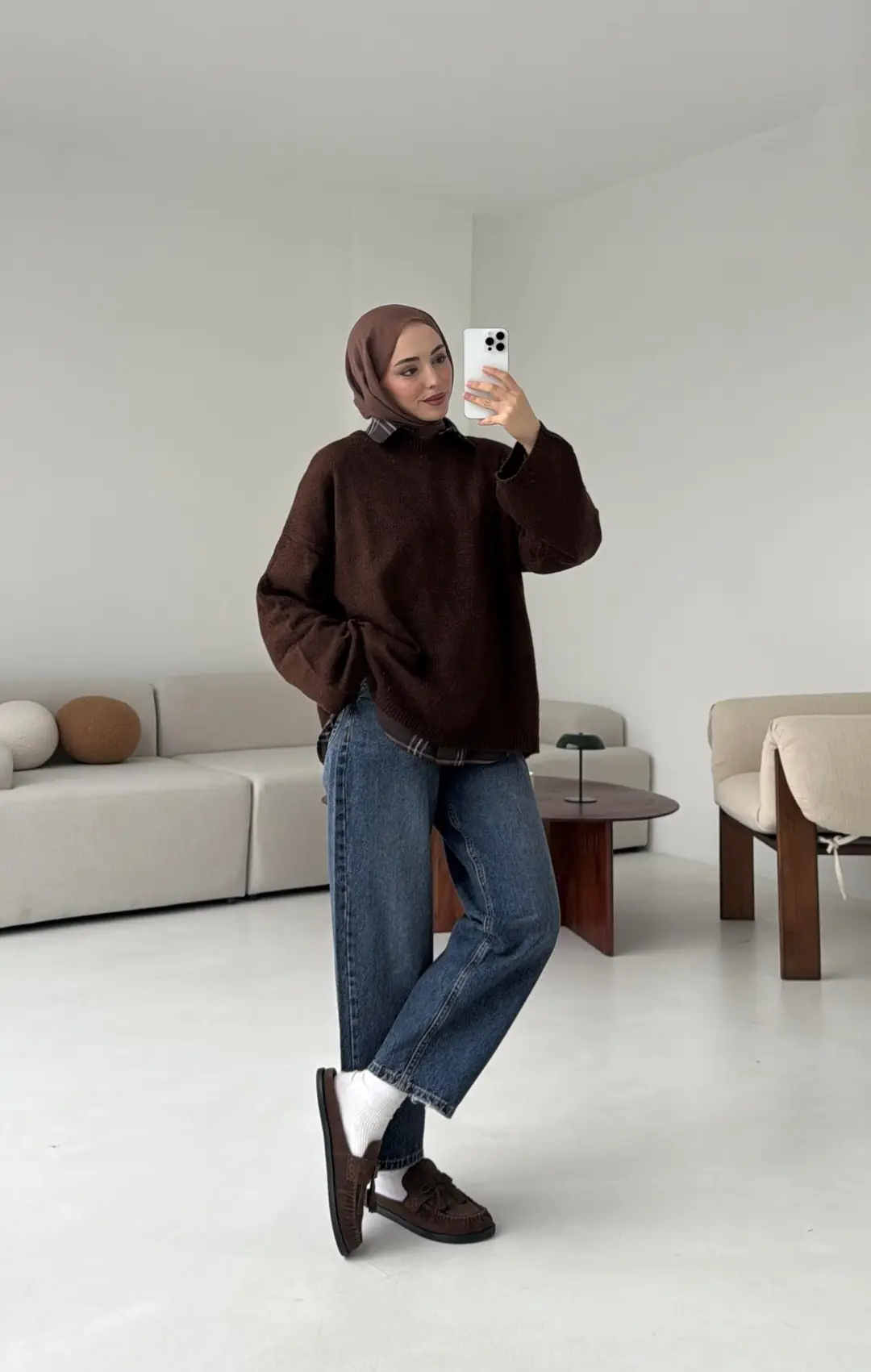 Geniş Kol Basıc Kazak Kahve - Görsel 5