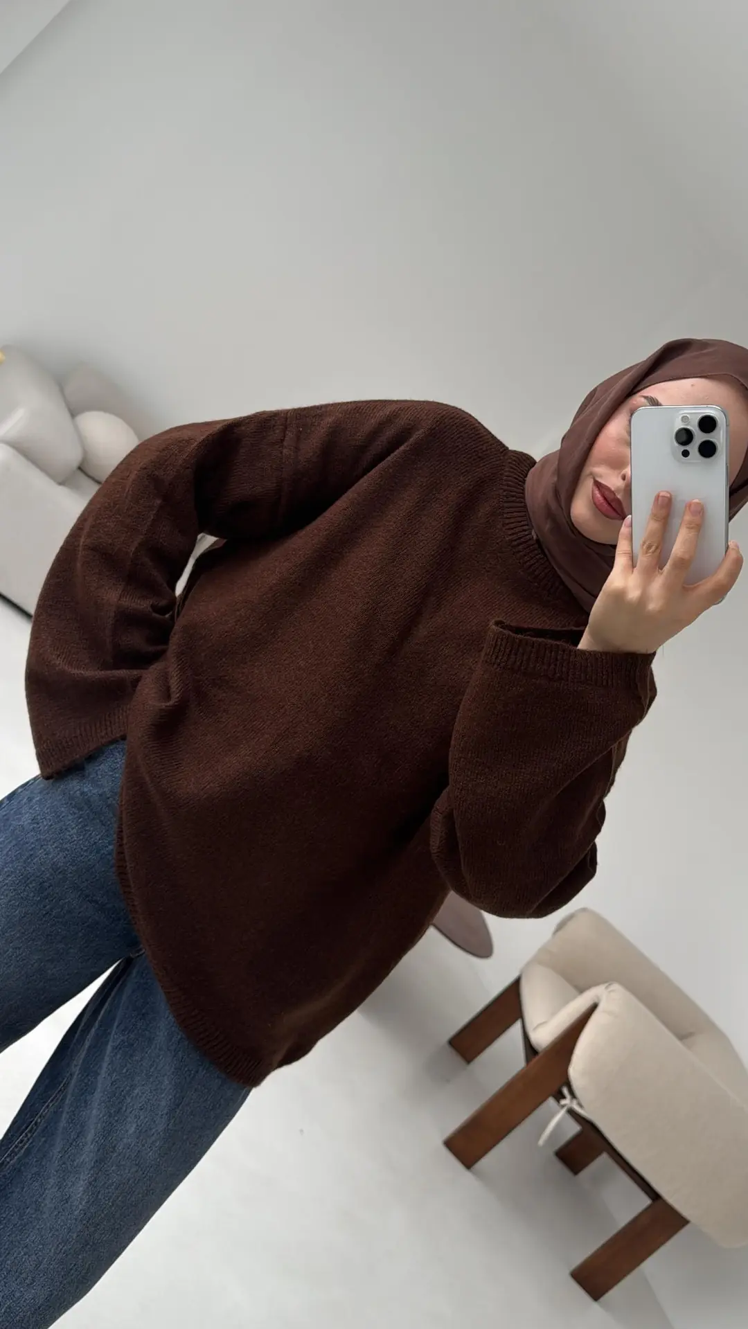 Geniş Kol Basıc Kazak Kahve - Görsel 9