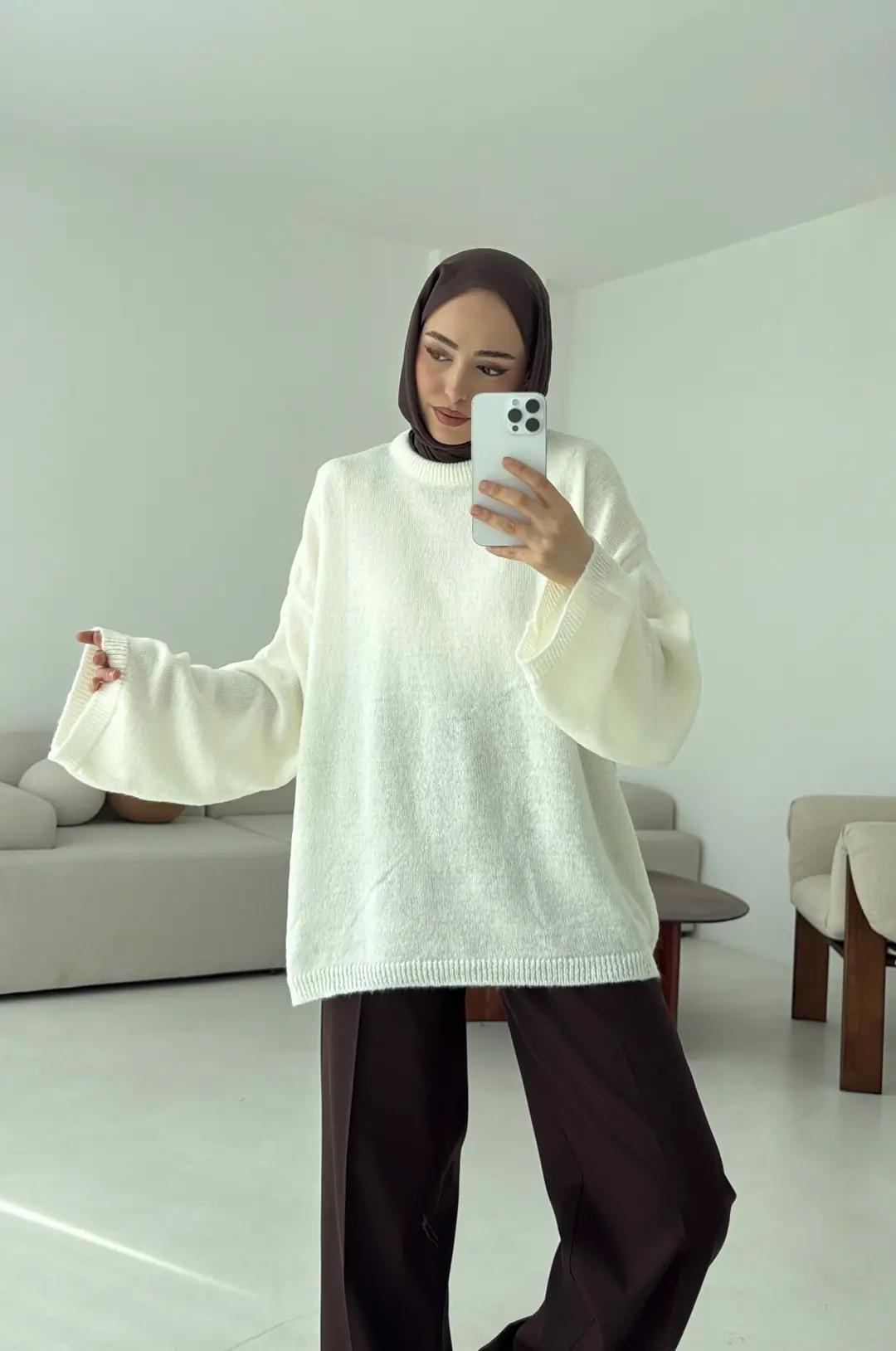 Geniş Kol Basıc Kazak Krem - Görsel 9