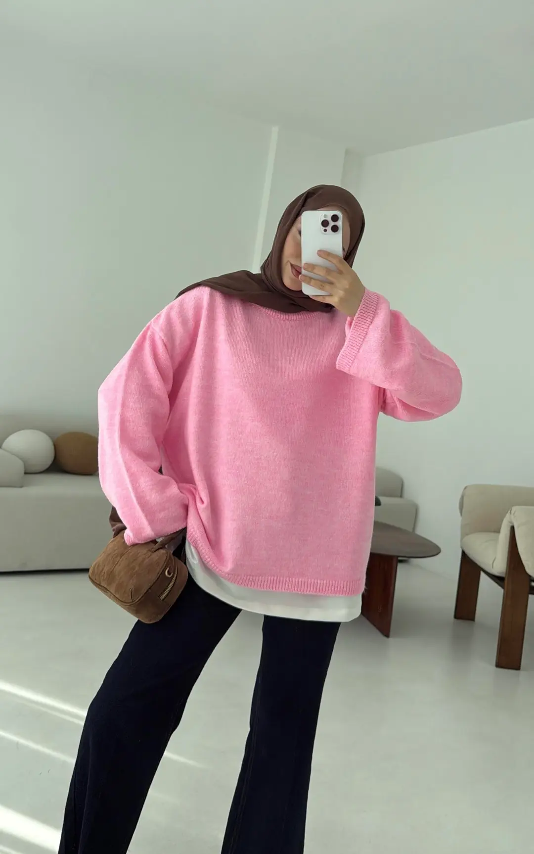 Geniş Kol Basıc Kazak Pembe - Görsel 7