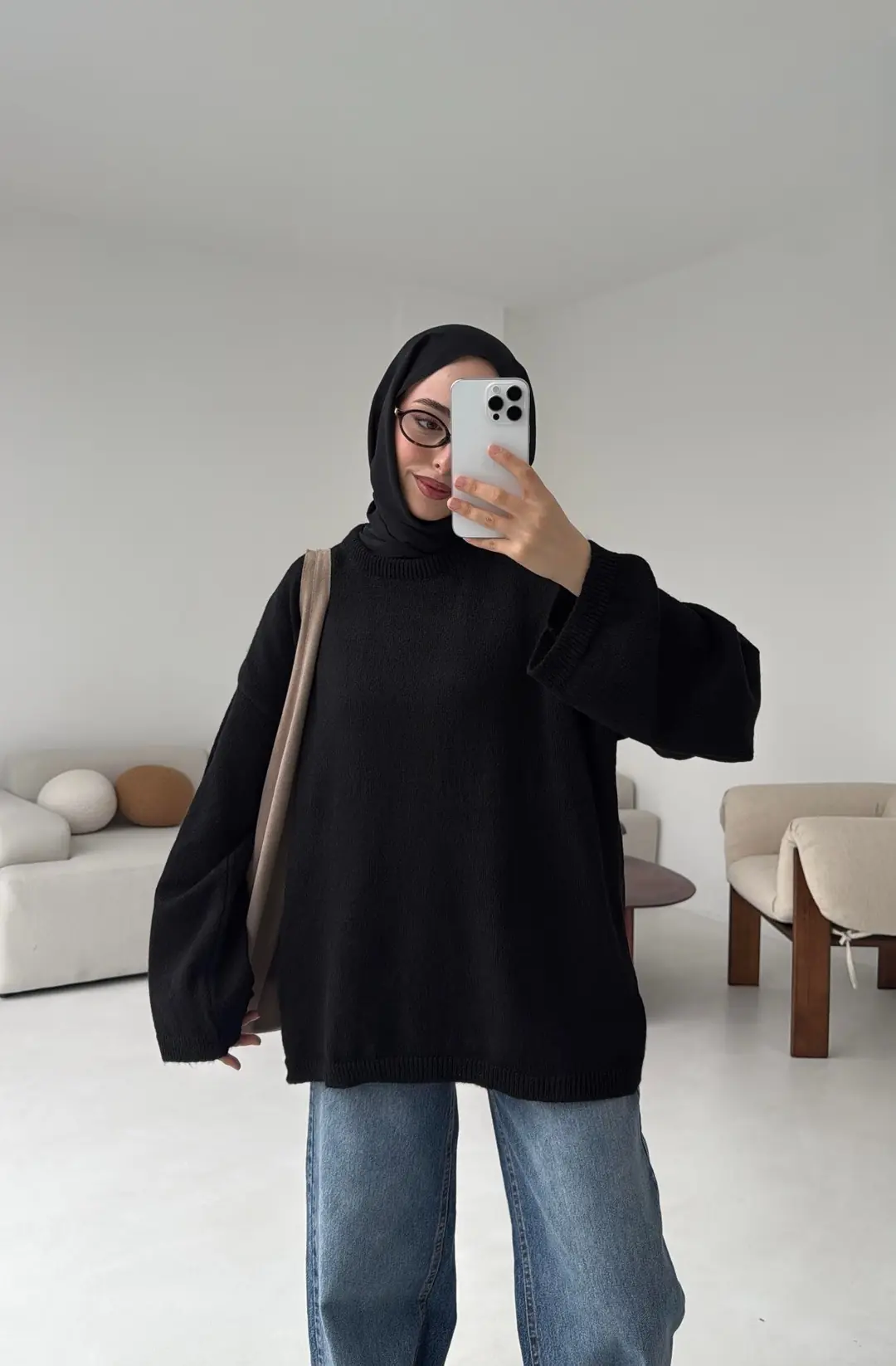 Geniş Kol Basıc Kazak Siyah - Görsel 6