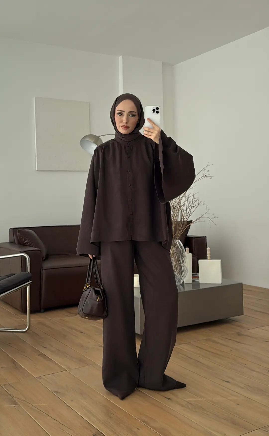 Geniş Kol Büzgülü Takım Kahve