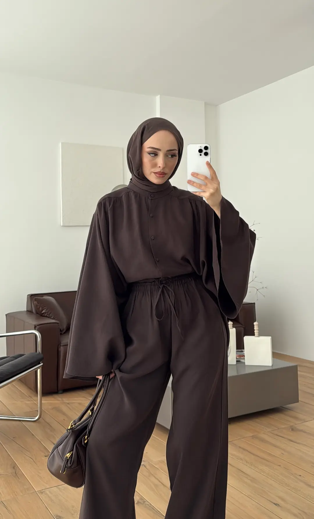 Geniş Kol Büzgülü Takım Kahve - Görsel 2