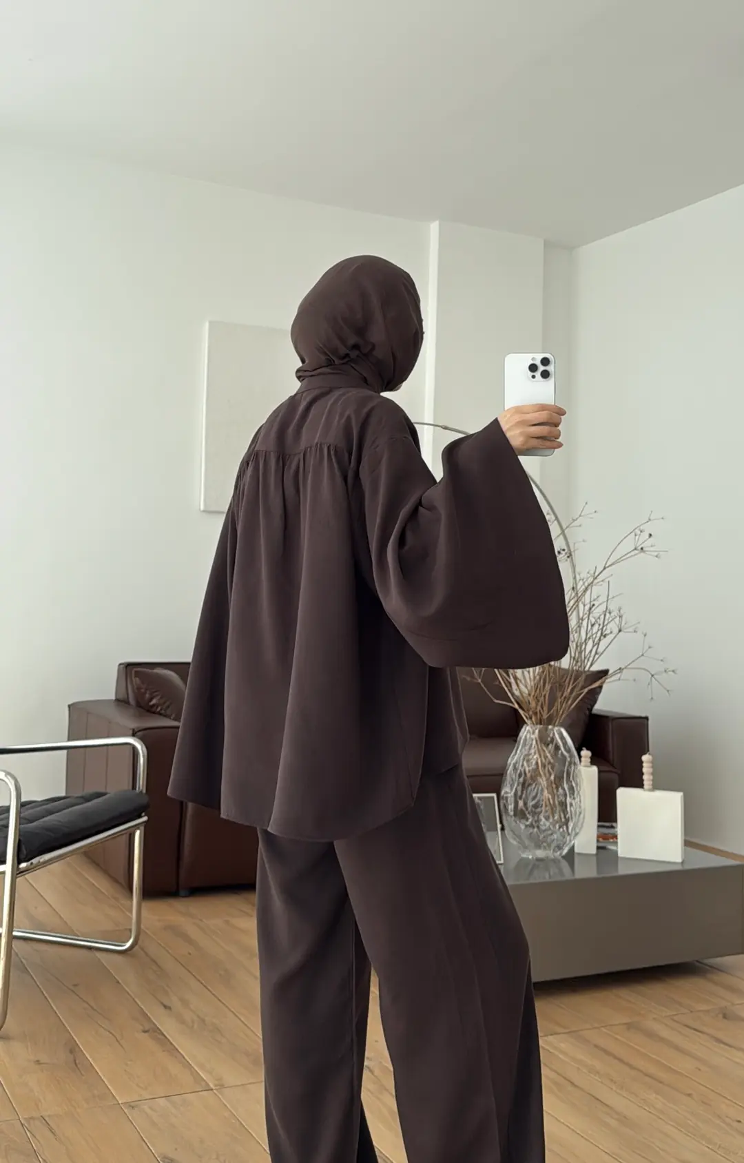 Geniş Kol Büzgülü Takım Kahve - Görsel 6