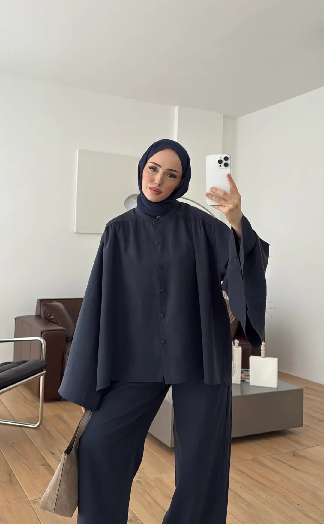 Geniş Kol Büzgülü Takım Lacivert - Görsel 6