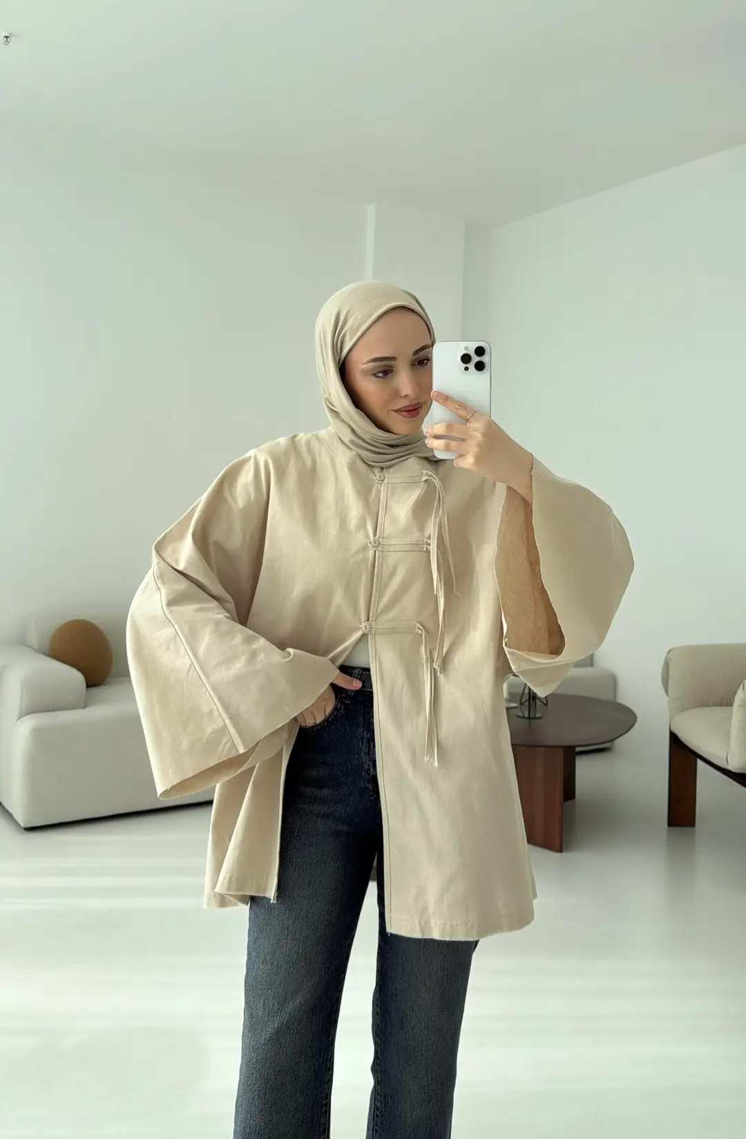 Geniş Kol Kimono Bej - Görsel 3