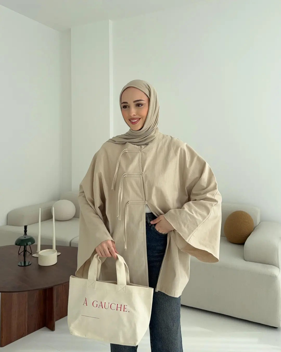 Geniş Kol Kimono Bej - Görsel 4