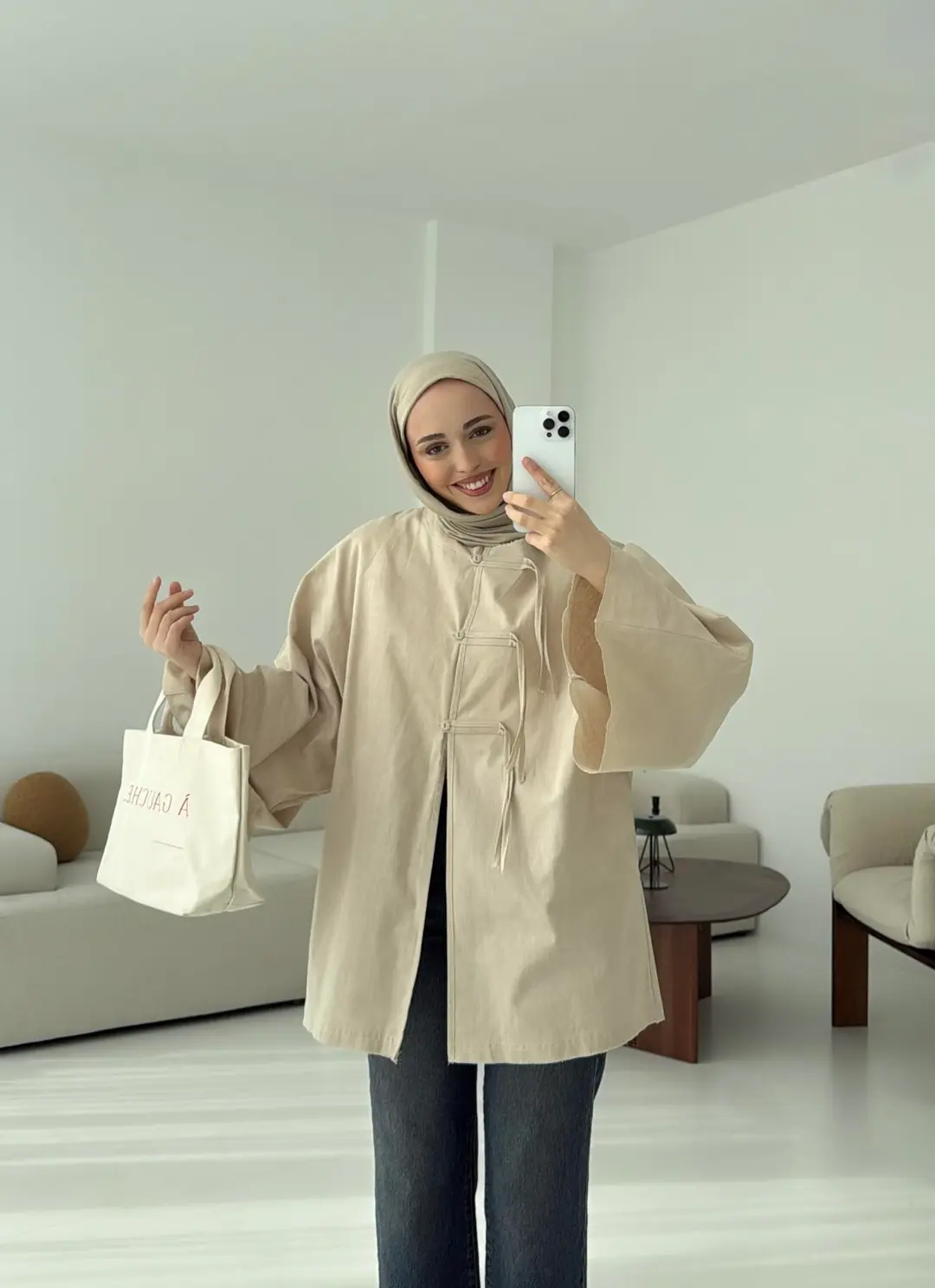 Geniş Kol Kimono Bej - Görsel 5