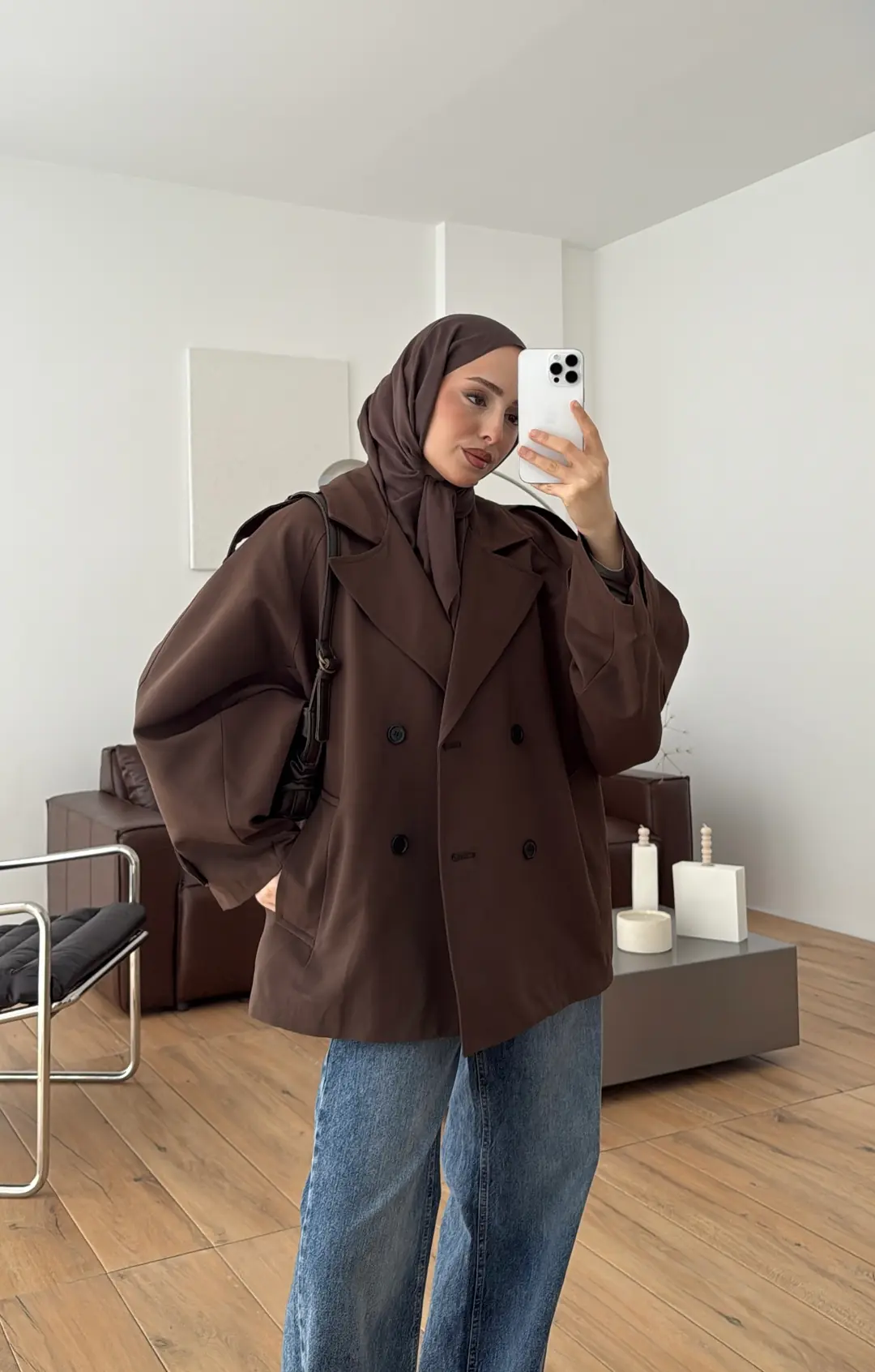 Geniş Kol Oversize Trençkot Kahve - Görsel 3