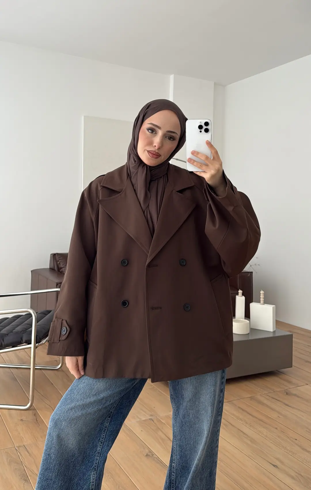 Geniş Kol Oversize Trençkot Kahve - Görsel 5