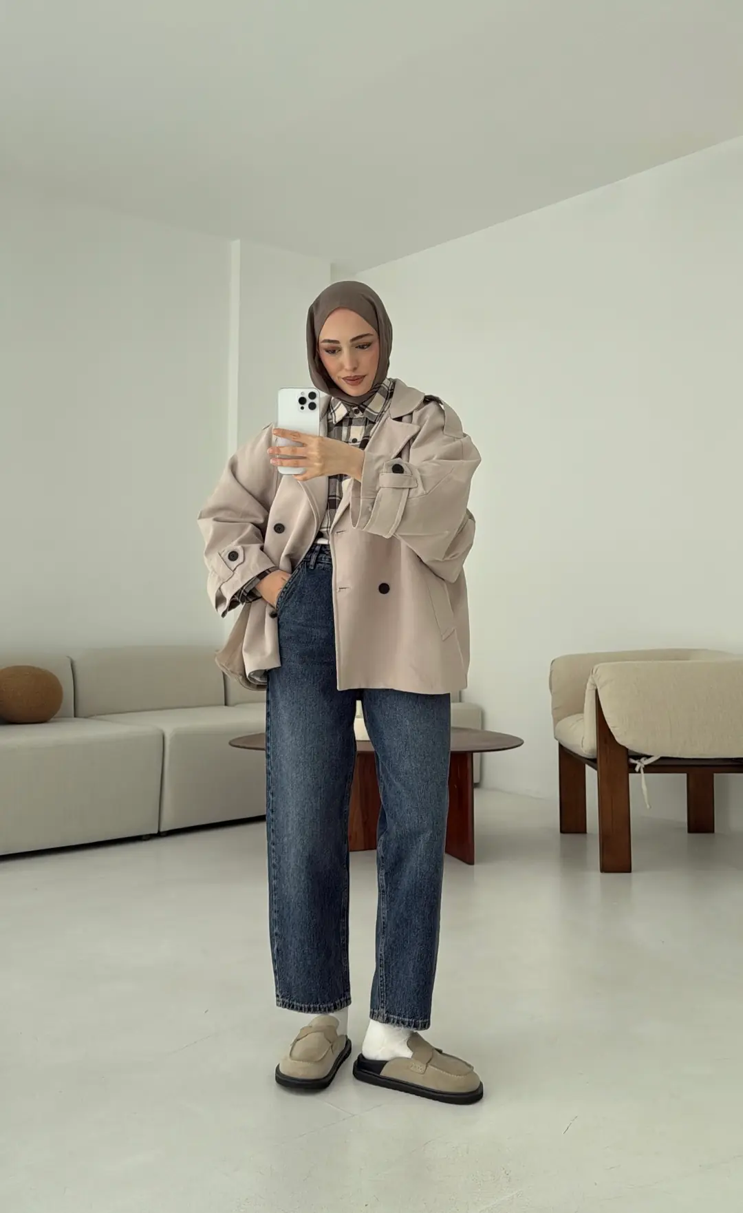 Geniş Kol Oversize Trençkot Taş - Görsel 7