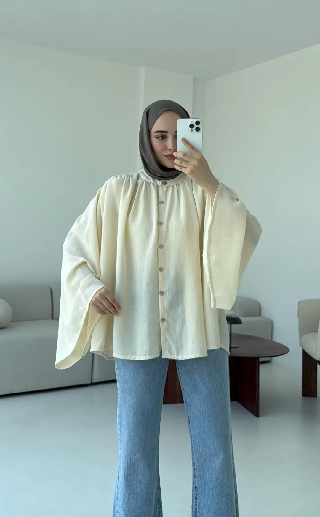 Geniş Kol Tasarım Keten Gömlek Krem - Görsel 6