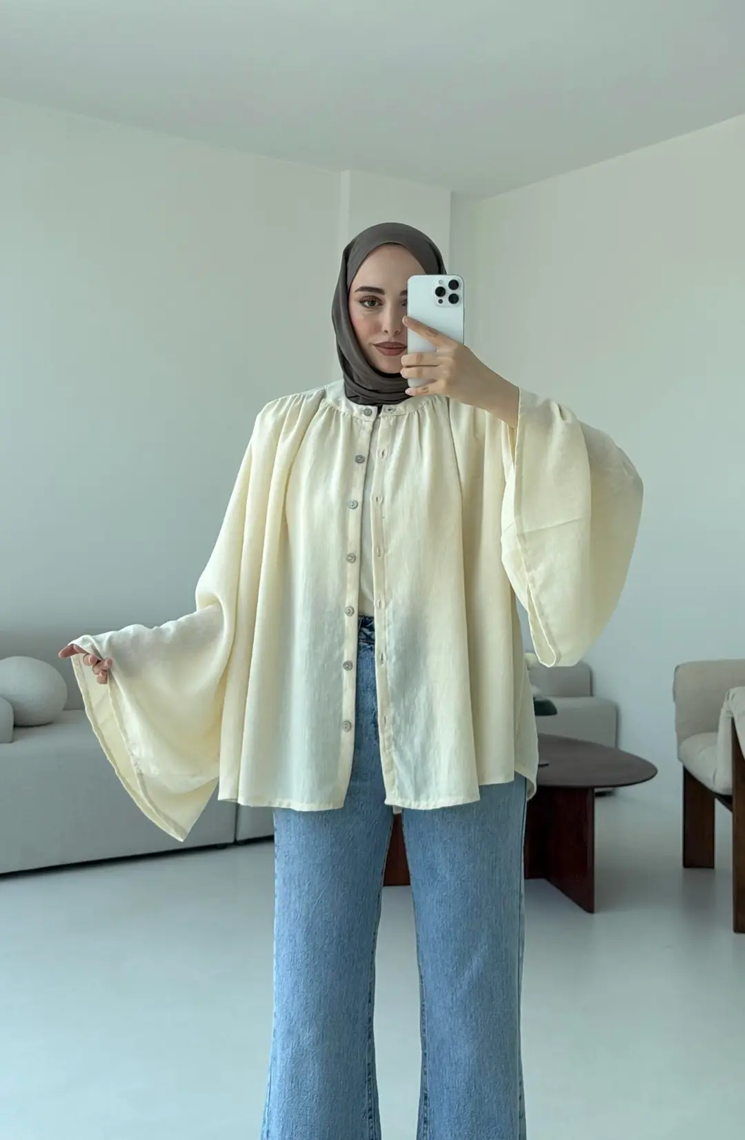 Geniş Kol Tasarım Keten Gömlek Krem - Görsel 9