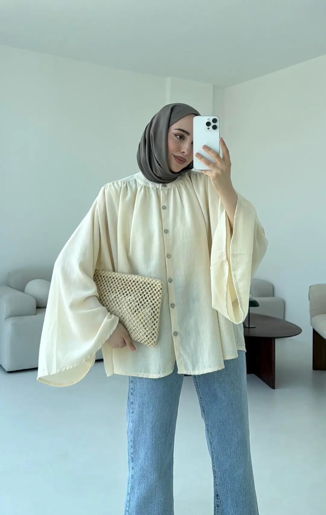 Geniş Kol Tasarım Keten Gömlek Krem - Görsel 5