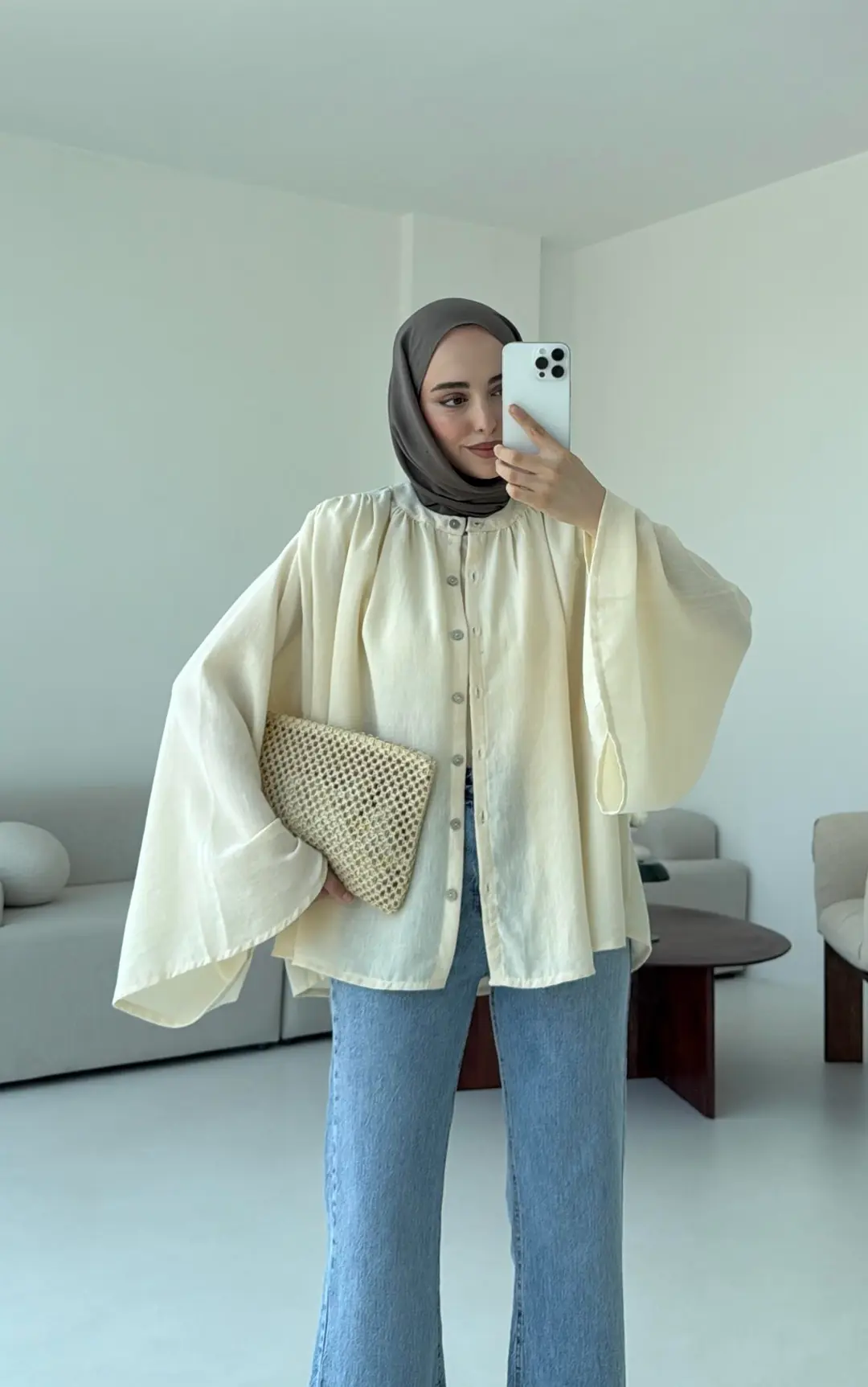 Geniş Kol Tasarım Keten Gömlek Krem - Görsel 8