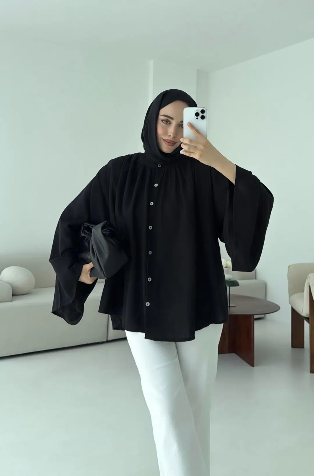 Geniş Kol Tasarım Keten Gömlek Siyah