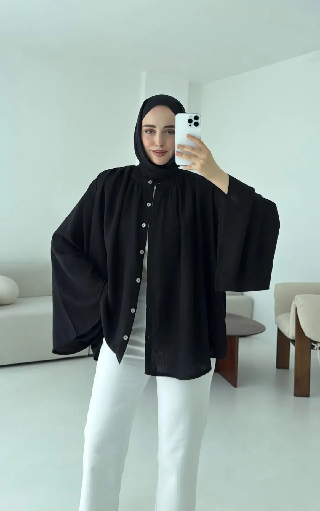 Geniş Kol Tasarım Keten Gömlek Siyah - Görsel 3