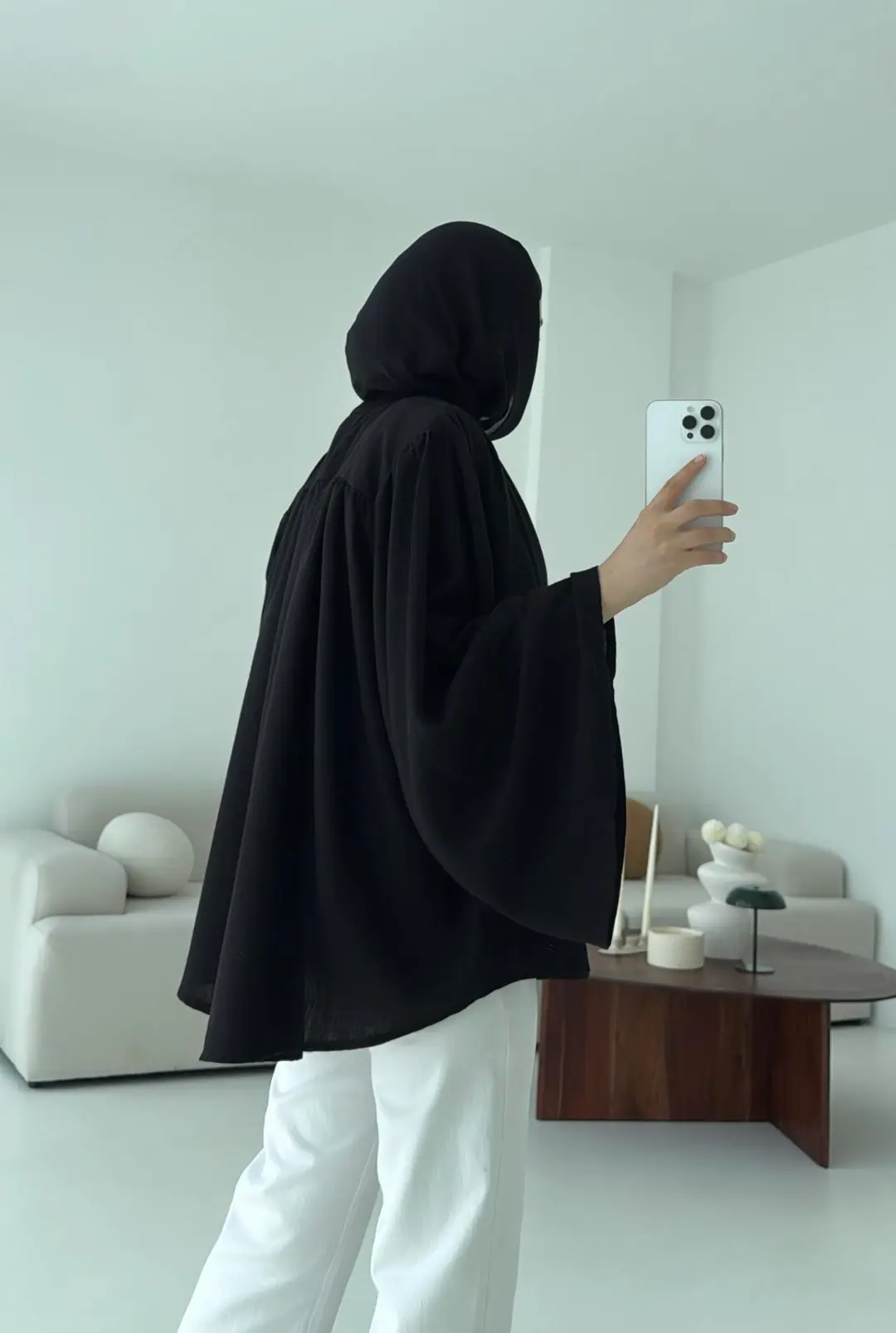 Geniş Kol Tasarım Keten Gömlek Siyah - Görsel 4