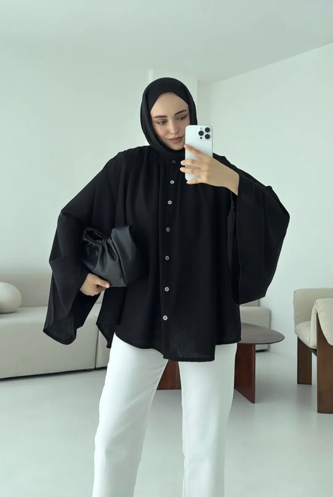 Geniş Kol Tasarım Keten Gömlek Siyah - Görsel 5