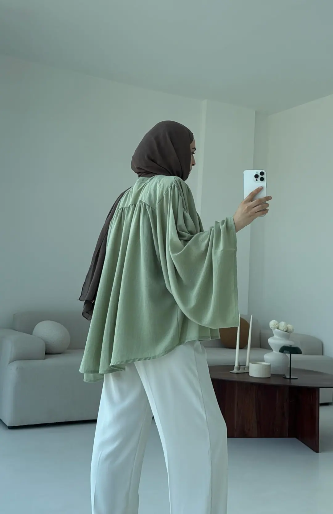 Geniş Kol Tasarım Keten Gömlek Tozlu Yeşil - Görsel 7