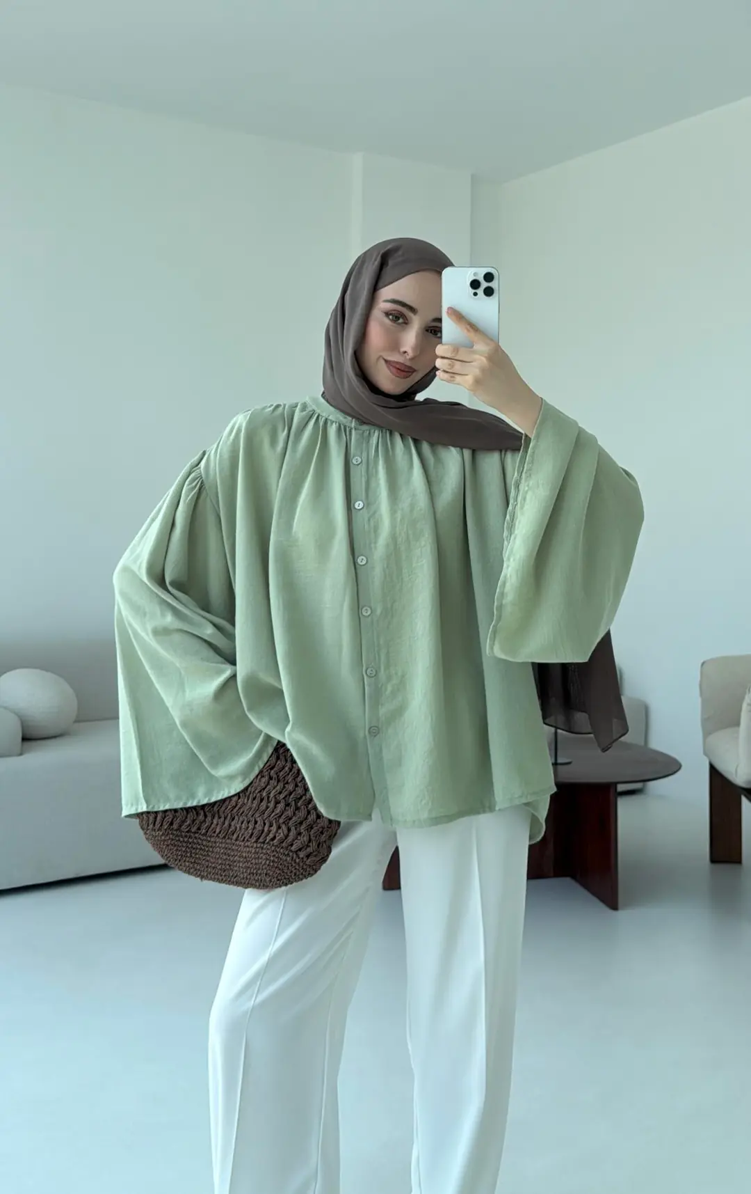 Geniş Kol Tasarım Keten Gömlek Tozlu Yeşil - Görsel 8