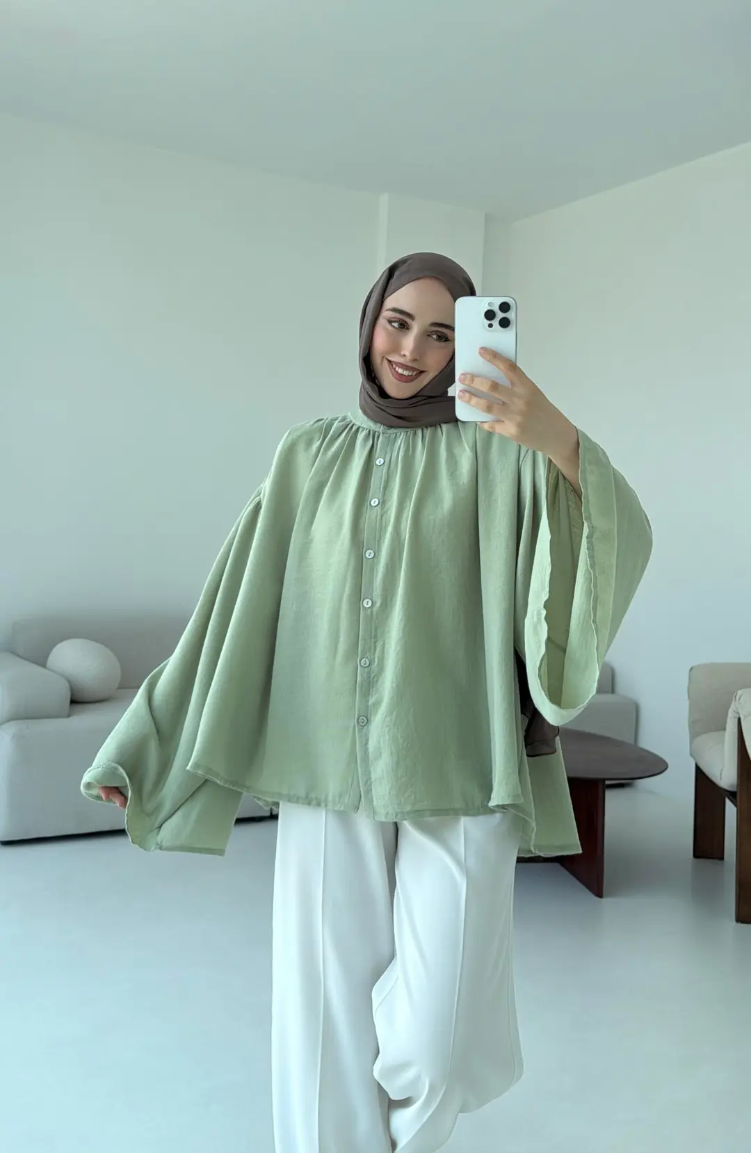 Geniş Kol Tasarım Keten Gömlek Tozlu Yeşil - Görsel 9