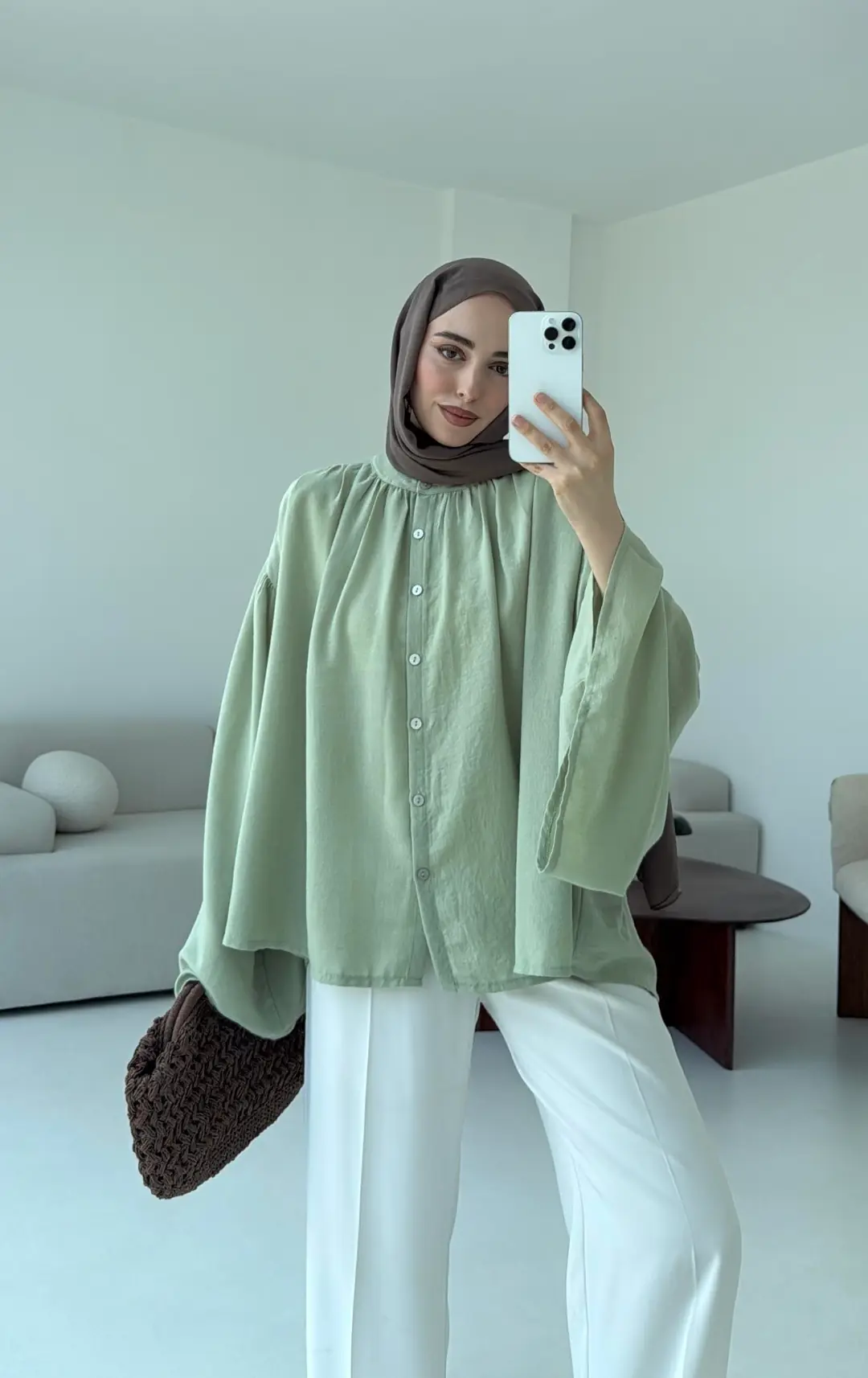 Geniş Kol Tasarım Keten Gömlek Tozlu Yeşil - Görsel 5