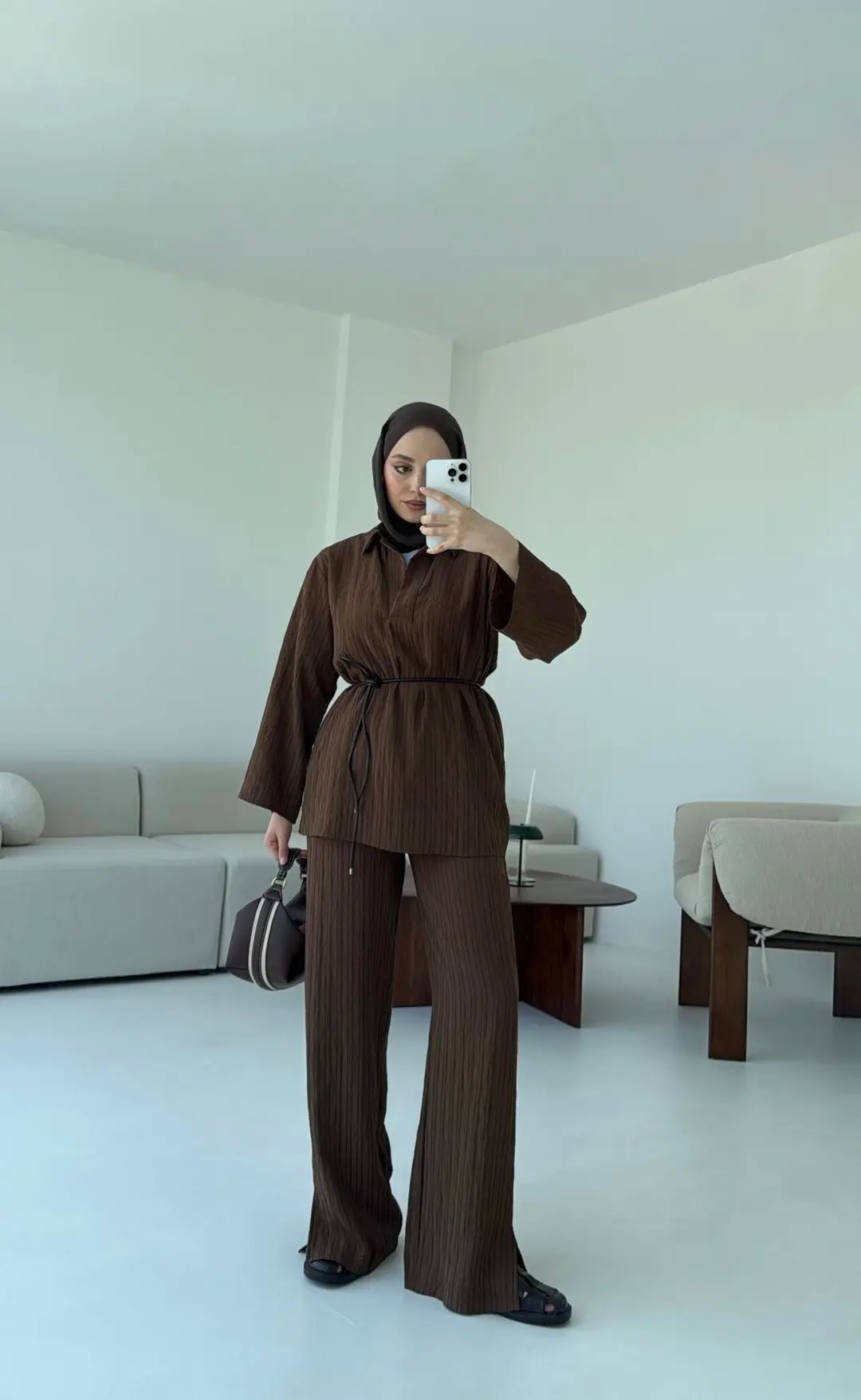 Geniş Yakalı Patlı Bluz Takım Kahve