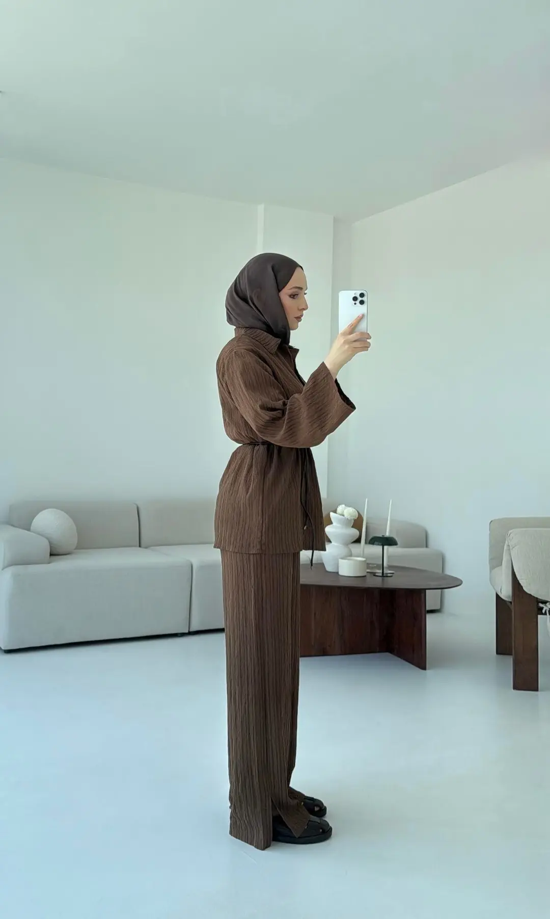 Geniş Yakalı Patlı Bluz Takım Kahve - Görsel 2