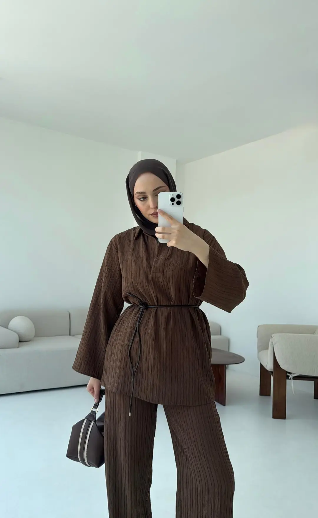 Geniş Yakalı Patlı Bluz Takım Kahve - Görsel 5