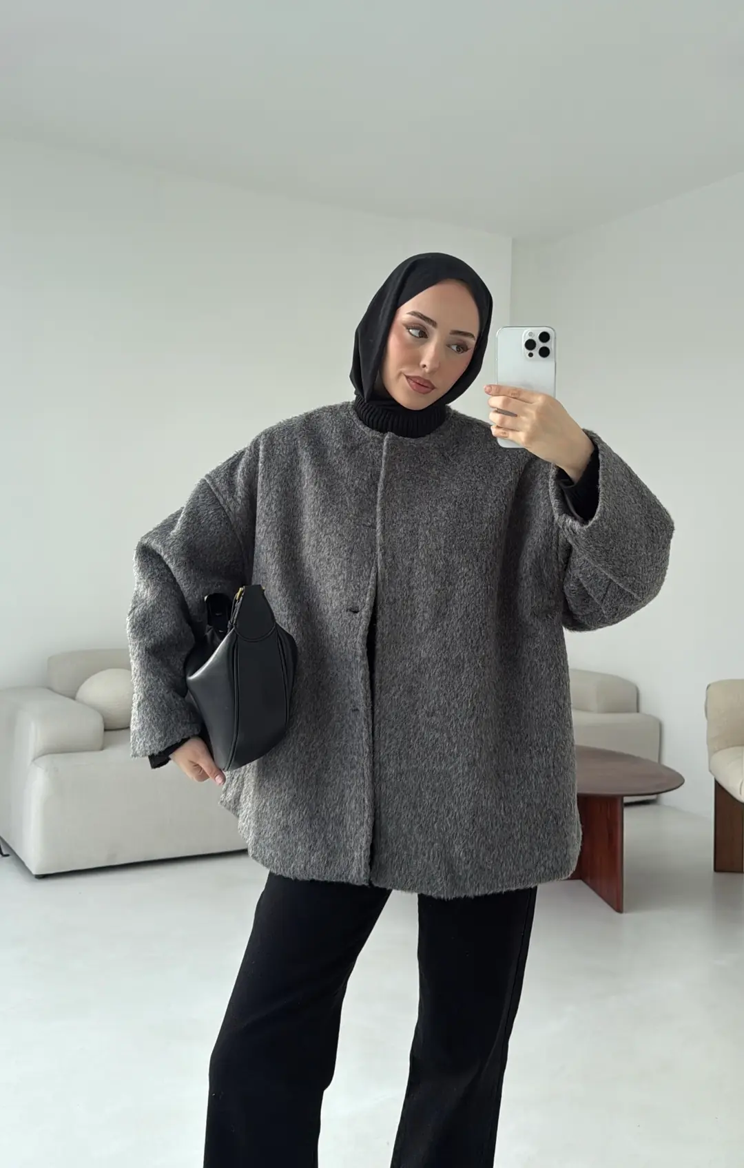 Gizli Düğmeli Kaban Gri - Görsel 3